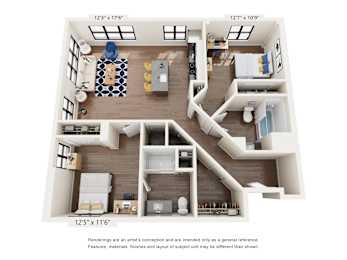 A floor plan of a two-story home with a living room, kitchen, and bedrooms.