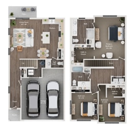 two floor plans of a house with two cars