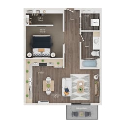 a floor plan of a residence with a bedroom and a living room