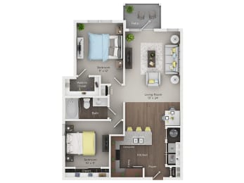 2 bed 1 bath apartment floor plan