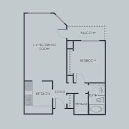 A floor plan of an apartment with a living/dining room, kitchen, foyer, bedroom, bathroom, and storage.