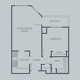 A floor plan of an apartment with a living/dining room, kitchen, foyer, bath, bedroom, and balcony.