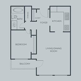 A floor plan of an apartment with a living/dining room, kitchen, foyer, bath, bedroom, and balcony.