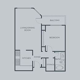 A floor plan of an apartment with a living/dining room, kitchen, foyer, bedroom, bathroom, and storage.