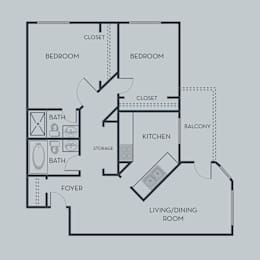 A floor plan of an apartment with two bedrooms, a living/dining room, kitchen, bathroom, foyer, and storage.