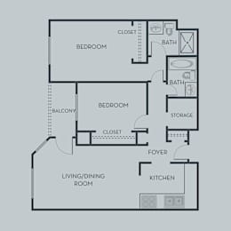 A floor plan of an apartment with two bedrooms, a living/dining room, a kitchen, a foyer, and storage.