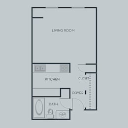 A floor plan of a studio apartment with a living room, kitchen, bathroom, and foyer.