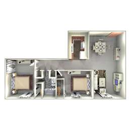 A 3D model of a house with a kitchen, living room, and bathroom.