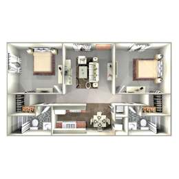 A 3D floor plan of a house with a kitchen, living room, and bathroom.