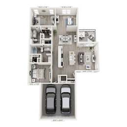 A floor plan of a house with a garage and two cars.