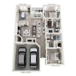 A floor plan of a two bedroom apartment with a garage for two cars.