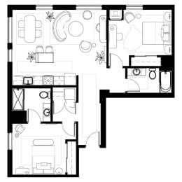 black and white floor plan of a house with bedroom and living room