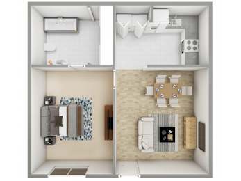 A top down view of a small apartment with a bathroom and kitchen.