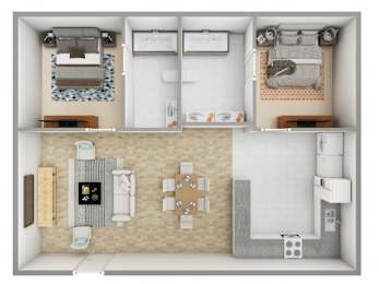 A 3D floor plan of a small apartment with a kitchen, living room, and bathroom.