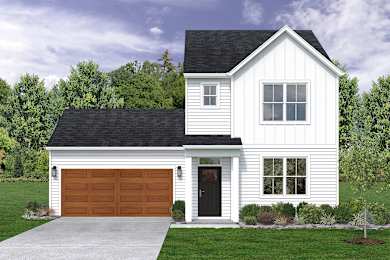 A two-story house with a white exterior and a brown garage door.