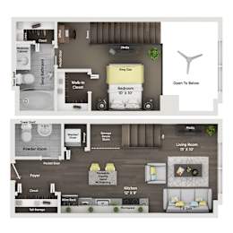 A floor plan of a house with a living room, kitchen, and two bathrooms.