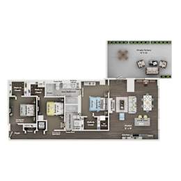 A floor plan of a house with a private terrace and a kitchen.