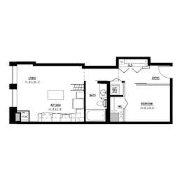 A floor plan of a small apartment with a living room, kitchen, and bedroom.