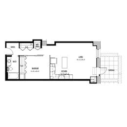 A floor plan of a house with a living room, bedroom, bathroom, and kitchen.
