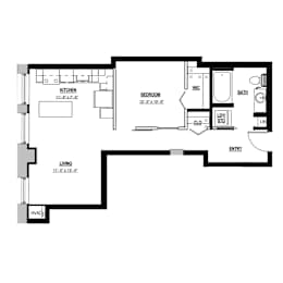 A floor plan of a house with a living room, kitchen, bedroom, bathroom, and laundry room.