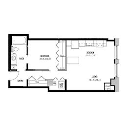A floor plan of a house with a kitchen, living room, and bathroom.