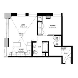 A floor plan of a home with a living room, kitchen, bathroom, and bedroom.