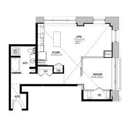 A floor plan of a house with a living room, kitchen, bedroom, and bathroom.
