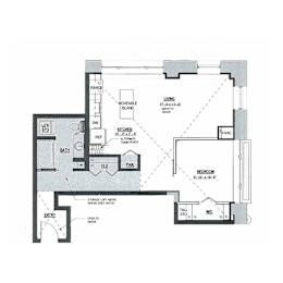 A floor plan of a house with a living room, kitchen, bathroom, and bedroom.