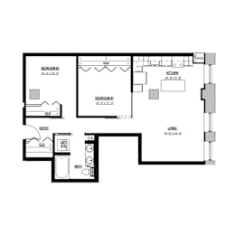 A floor plan of a living space with two bedrooms, a kitchen, and a bathroom.