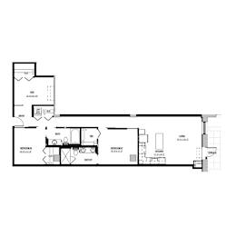 A floor plan of a house with a garage, living room, dining room, kitchen, and two bedrooms.