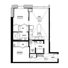 A floor plan of a home with two bedrooms, a living room, a kitchen, a bathroom, and a closet.