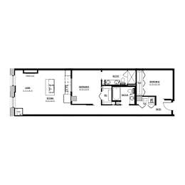 A floor plan of a house with a kitchen, living room, and bathroom.