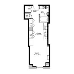 A floor plan of a house with a kitchen, bathroom, and living room.