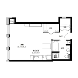 A floor plan of a small apartment with a living room, kitchen, bathroom, and laundry area.