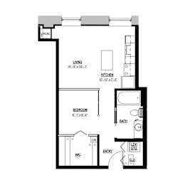 A floor plan of a small apartment with a living room, kitchen, bedroom, bathroom, and entry.