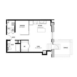 A floor plan of a house with a bedroom, living room, kitchen, bathroom, and terrace.