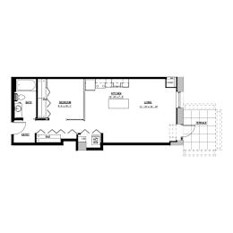 A floor plan of a house with a kitchen, bathroom, and living room.