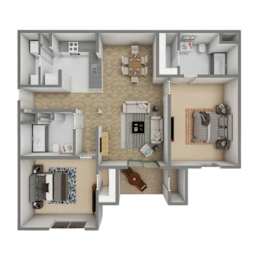 A 3D floor plan of a house with a kitchen, living room, and two bedrooms.