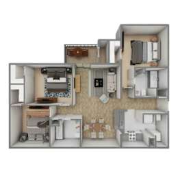 A 3D floor plan of a small apartment with a kitchen, living room, and bedroom.