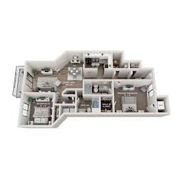 A floor plan of a house with two bedrooms, a living area, a kitchen, a laundry room, and a bathroom.
