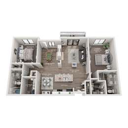 A floor plan of a small apartment with a living room, kitchen, and bedrooms.