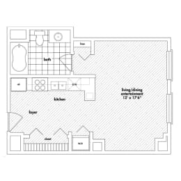 a floor plan of a small house with a bedroom and a bathroom