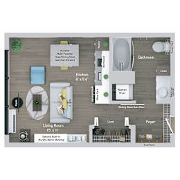 A floor plan of a small apartment with a living room, kitchen, and bathroom.