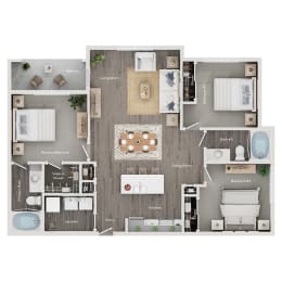 floor plan of a 3 bed 2 bath apartment