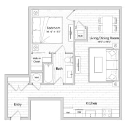 floor plan of a 1 bed 1 bath apartment
