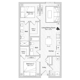 floor plan of a 2 bed 2 bath apartment