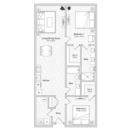 floor plan of a 2 bed 2 bath apartment