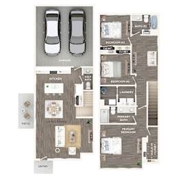 A floor plan of a house with two bedrooms, a living room, a kitchen, a bathroom, a garage, and a patio.
