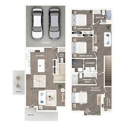 A floor plan of a house with a garage, kitchen, living room, dining room, and multiple bedrooms.