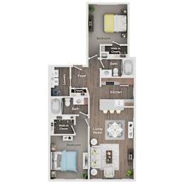 A floor plan of a small apartment with two bedrooms, a living room, a kitchen, a bathroom, and a laundry area.